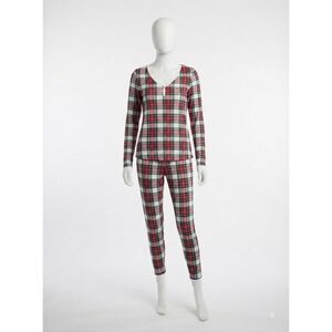 PJ Place Womens XL Red Green Plaid Thermal Pajama Set Henley Waffle Knit 2PC
